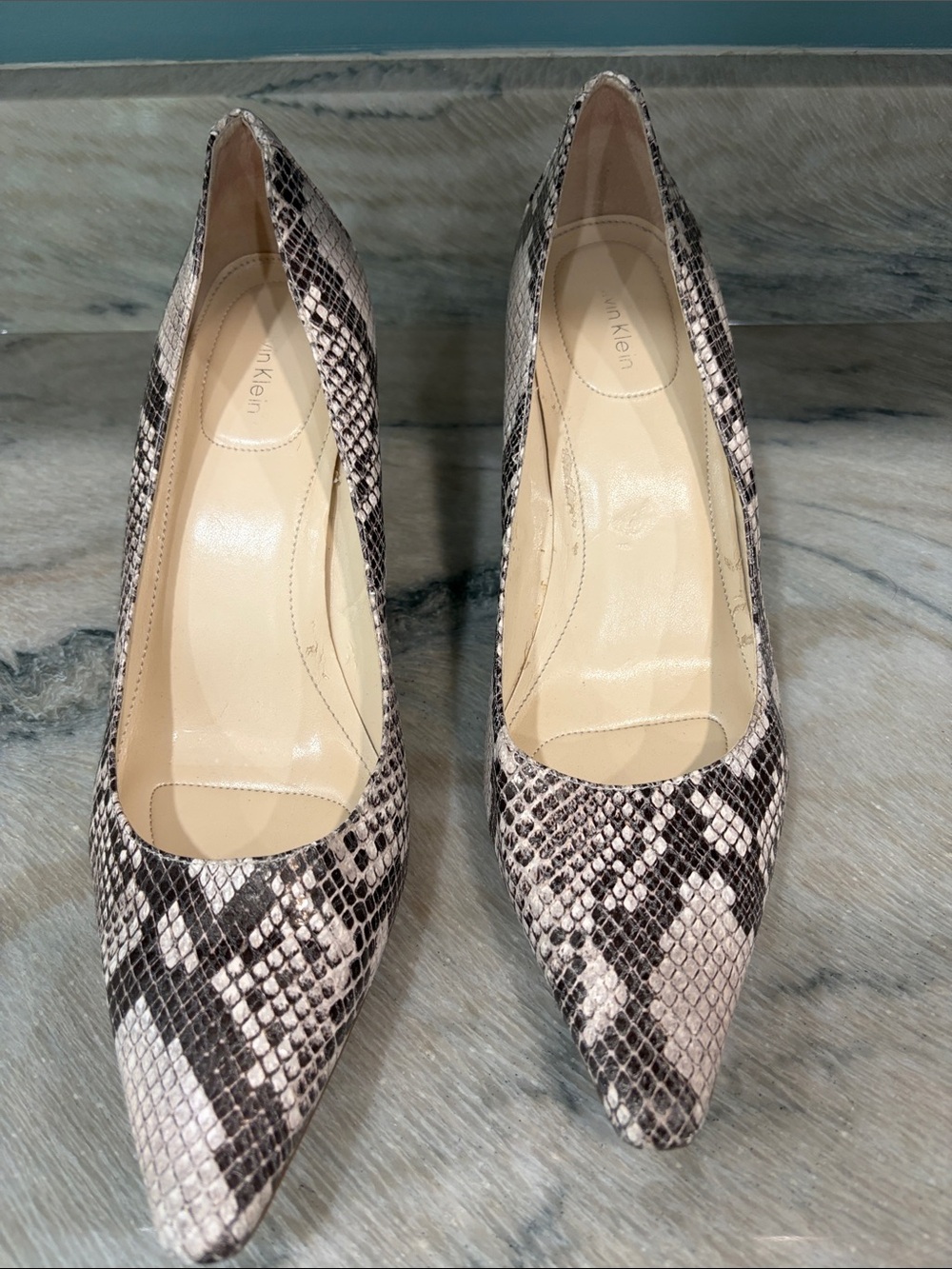 Calvin Klein Black and Cream Snake-Print Pointed Pumps